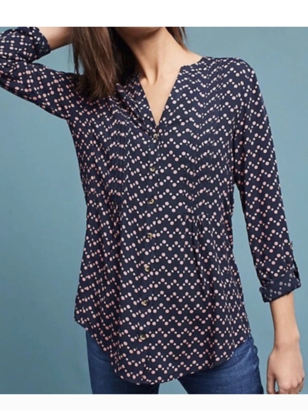 Maeve(Anthropologie) Navy Blouse with Pink Dot Print